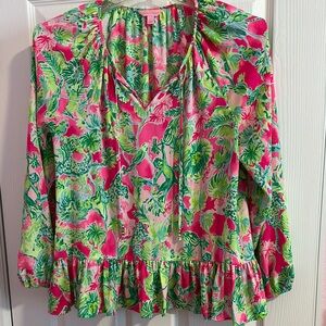 Lilly Pulitzer Green and Pink Ruffled Blouse